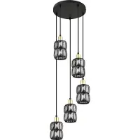 Globo Lighting Lampe à suspendre métal noir mat, cristaux de verre fumé, métal laiton mat, câble PVC noir, ø : 300mm, H : 1200mm, excl. 5x E14 40W 230V