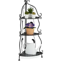 Relaxdays Étagère d'angle en métal , 3 tablettes, L x H x P : 82,5 x 30 x 30 cm, étagère à plantes sur pied, pliable, style vintage, noir