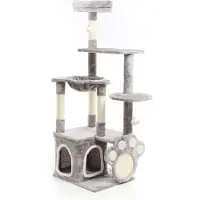Fudajo Arbre à chat Motif Pattes Gris 135cm Griffoir Sisal Niche Hamac Jeux Ludique Balle