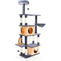 Fudajo Arbre à chat - 161 cm de haut - design ludique avec Boules - Meuble grattage félin peluche - Couleur gris foncé - avec Maisonnettes, sisal, niche et plate-forme