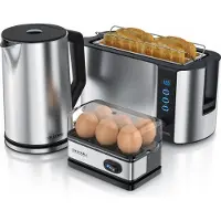 Arendo Set petit déjeuner , bouilloire 1,5 litre + cuiseur à oeufs 6 pièces + grille-pain à fentes longues pour 4 tranches, argenté
