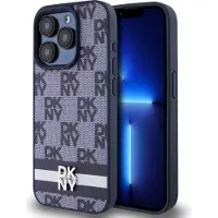 DKNY PU Leather Checkered Pattern and Stripe Case pour iPhone 15 Pro Bleu (Apple iPhone 15 Pro), Coque pour téléphone portable, Bleu