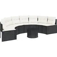 The Living Store Canapé de jardin avec table et coussins semi-circulaire noir Poly-Rattan