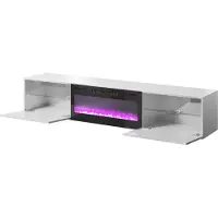 Cama Meble Armoire RTV SLIDE 200K avec cheminée électrique 200x40x37 cm, tout en blanc brillant, blanc, étagère à particules, blanc, étagère à particules, stratifié, brillant