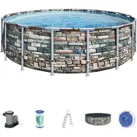Bestway Power Steel Kit piscine hors sol complet avec pompe de filtration Ø 549 x 132 cm Aspect mur de pierre (pierre naturelle), rond