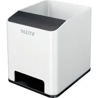 Leitz Porte-stylo WOW Sound, 1 compartiment, compartiment pour smartphone avec renforcement du son, blanc/noir