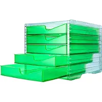 Styro Bac à tiroirs styroswing NEONline, 5 tiroirs, blocage de l'ouverture &amp; poignée encastrée, empilable, L 270 x P 340 x H 255 mm, polystyrène, transparent-néon vert