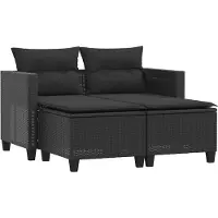 The Living Store Canapé de jardin 2 places avec tabourets Noir Poly Rattan