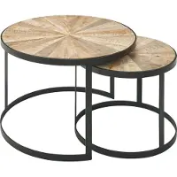 FineBuy Table basse set de 2 tables en bois massif Mango Table de salon ronde avec pieds en métal brun Set de table 2 pièces Table de salon bois / métal noir