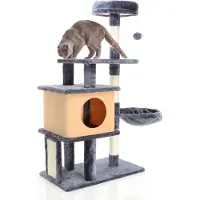 Fudajo Arbre à chat gris foncé Hauteur 112 cm – Avec niche, hamac et plateformes – Mobilier pour chat avec Griffoir intégré - Meuble pour chats avec planche à gratter