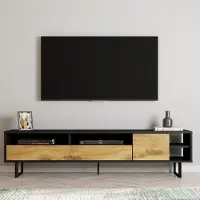 Skye Decor , meuble TV moderne, noir et chêne, 180 x 44,7 x 29,8 cm | Panneau de particules 100 % mélaminé, épaisseur 18 mm | Peut être fixé au mur, nombreuses étagères, design élégant.