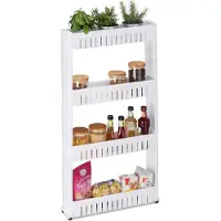 Relaxdays Étagère de niche , 4 tablettes, étagère de niche étroite pour salle de bains et cuisine, L x P x H : 101 x 12,5 x 54 cm, étagère à roulettes en plastique, blanche