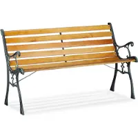 Relaxdays Banc de jardin , 2 places, montants en bois, fonte, pour l'extérieur, balcon et terrasse, banc L 73,5 x l 126 x H 52,5 cm, couleur naturelle