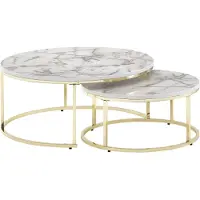 FineBuy Lot de 2 tables basses , aspect marbre blanc et doré, tables rondes modernes, tables d'appoint, ensemble de 2 tables rondes en métal, tables de salon design, ensemble de tables
