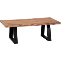 FineBuy Table basse en acacia massif 115 cm Table de salon rectangulaire avec bord naturel en forme d'arbre patins métalliques noirs Table design faite main