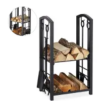 Relaxdays Porte-bois avec outils de cheminée RD8783