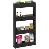 Relaxdays Étagère de niche , 4 tablettes, étagère de niche étroite pour salle de bains et cuisine, L x P x H : 101 x 12,5 x 54 cm, étagère à roulettes en plastique, noire