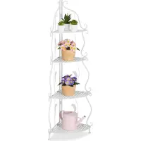 Relaxdays Étagère d'angle en métal , 4 tablettes, L x H x P : 113 x 30 x 30 cm, étagère à plantes sur pied, pliable, style vintage, blanche