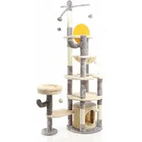 Fudajo Arbre à chat Gris clair Hauteur 172cm Maisonnette Abri Hamac Balles de jeu Animal domestique
