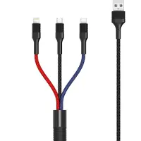 XO 3in1 Câble chargeur en nylon 3A 1.2m Micro USB TYP-C iOS Connecteur Fast Charge Câble de charge rapide compatible avec Smartphone Tablet noir