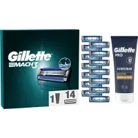 Gillette Mach3 Lames de rasoir, 14 lames de rechange pour rasoir humide hommes avec triple lame + PRO Sensitive Mousse à raser 175 ml, cadeau pour hommes NS