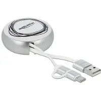 DeLOCK Câble sur bobine, 2-en-1 USB Type-A vers Micro-B et Lightning blanc/argent, 0,92 m, USB A, USB C/Micro-USB B, USB 2.0, Argent, Blanc