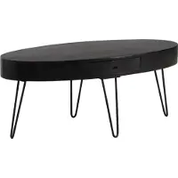 FineBuy Table basse 100cm ovale en bois massif de manguier noir - Table de salon avec tiroir et pieds Hairpin - Table moderne en bois massif design industriel
