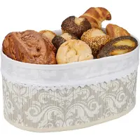 Relaxdays Corbeille À Pain En Bambou, Insert Tissu, Motif Floral, Croissénts, Panier Ovale, Petit-Déjeuner, Gris-Blanc -