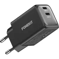 FoneKit GaN PD 48W Charger, USB-C + USB-C, black (48 W, 2 ports), Chargeur USB, Noir
