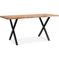 Wohnling Table de salle à manger 180x90x76 cm acacia massif / métal Table de salle à manger bord d'arbre Table de cuisine massive avec pieds en X en noir Table en bois Table de salle à manger