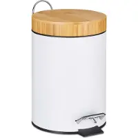 Relaxdays Poubelle de salle de bain , 3 l, poubelle cosmétique à fermeture automatique, couvercle en bambou, seau intérieur amovible, poubelle à pédale, grise