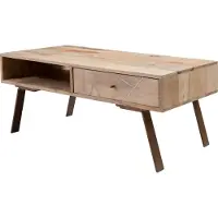 FineBuy Table basse rectangulaire en bois massif de manguier 95cm - Table de salon avec tiroir & compartiment de rangement - style cottage avec pieds métalliques design rétro