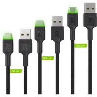 Green Cell Set 3x GC Ray USB-C Cable 30cm, 120cm, 200cm avec rétroéclairage LED vert, charge rapide UC, QC 3.0