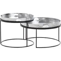 FineBuy Lot de 2 tables basses en métal argenté martelé, table d'appoint ronde, table de salon avec plateau amovible, table à plateau, canapé, 2 pièces, table d'appoint ronde