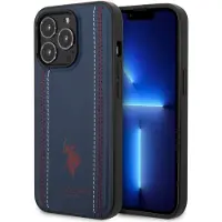 U.S. POLO ASSN. Étui en cuir bleu marine à coutures style polo américain pour iPhone 14 Pro Max