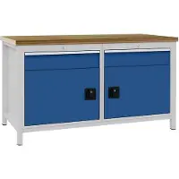 Bedrunka & hirth Werkbank signalblau, RAL 5005 lichtgrau, RAL 7035 B1500xH859xT750 mm Buche Multiplex 40 mm 2 Schu...