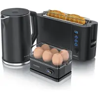 Arendo Breakfast Set Bouilloire 1,5l, Grille-pain 2 tranches, Cuiseur d'oeufs à 6 compartiments, Noir