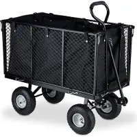 Relaxdays Chariot à main , grand chariot à roulettes, parois latérales rabattables, bâche amovible, poignées, 500 kg, noir-gris