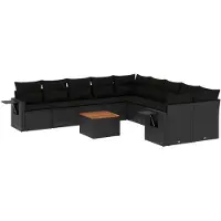 The Living Store 11 pcs. salon de jardin avec coussins noir poly rotin