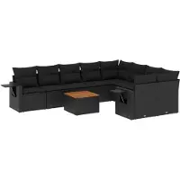 The Living Store 10 pcs. salon de jardin avec coussins noir poly rotin