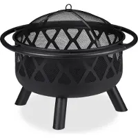 Relaxdays Brasero avec pare-étincelles, pour jardin et terrasse, avec tisonnier, foyer d'extérieur, en acier, Ø 75 cm, noir