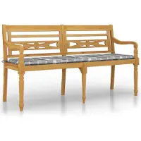 The Living Store : banc Batavia avec coussins gris à carreaux, 150 cm, en teck massif