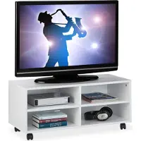 Relaxdays Meuble TV à 4 compartiments, avec roulettes, pour CD, DVD et console, meuble audio pour le salon, dimensions 35 x 80 x 35 cm, blanc
