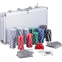 Relaxdays Mallette de poker 300 Laser Pokerchips 2 jeux de cartes 5 dés Dealer Button Set Fun