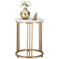 Relaxdays Table D'Appoint Marmo, Métal Et Mdf, Bout De Canapé Rond, sélon, Couloir, Hxd 51 X 41 Cm, Blanc/doré -