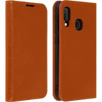 Avizar Étui Galaxy A20e Folio Cuir Véritable Porte cartes Support Vidéo camel