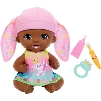 Mattel Amusez-vous à brosser les dents Poupée bébé lapin - Rose (30 cm) avec 3 accessoires et robe réversible 2 en 1, bonnet bleu