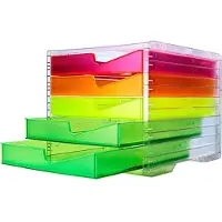 Styro Bac à tiroirs styroswing NEONline, 5 tiroirs, blocage de l'ouverture &amp; poignée encastrée, empilable, L 270 x P 340 x H 255 mm, polystyrène, transparent-multicolore