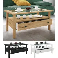 VCM Table latérale en bois avec verre de sécurité ESG | Table basse simple | Dimensions env. H. 42 x W. 90 x D. 54 cm | Table salon avec tiroir | Canapé - Lingis L