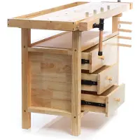 Wiltec Établi en bois 126x50x84cm Banc avec Pinces de serrage Crochets Tiroirs Compartiment outils